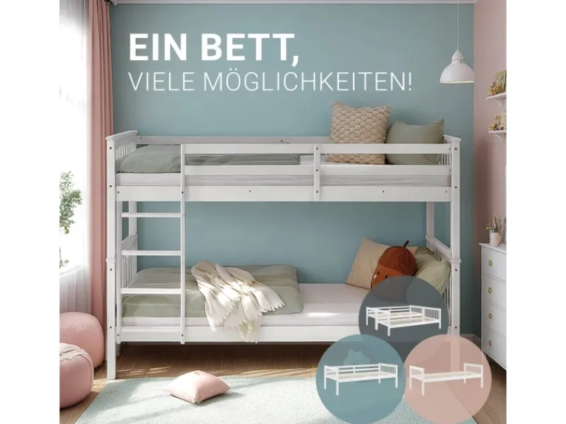 Homestyle4u Etagenbett für Kinder mit Matratzen Hochbett Weiß 90x200 cm 3052