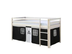 Homestyle4u Hochbett 90x200 mit Vorhang und Lattenrost in Weiß Pirat 2538