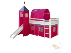Best Homestyle4u Hochbett 90x200 mit Vorhang Lattenrost Rutsche Tunnel und Turm in Weiß 2579 Pink