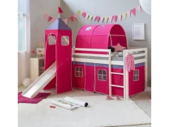 Best Homestyle4u Hochbett 90x200 mit Vorhang Lattenrost Rutsche Tunnel und Turm in Weiß 2579 Pink