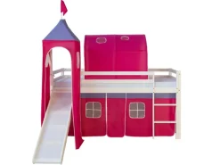 Best Homestyle4u Hochbett 90x200 mit Vorhang Lattenrost Rutsche Tunnel und Turm in Weiß 2579 Pink