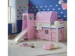 Best Homestyle4u Hochbett 90x200 Weiß mit Rutsche Vorhang 1575 Rosa