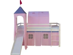 Best Homestyle4u Hochbett 90x200 Weiß mit Rutsche Vorhang 1575 Rosa