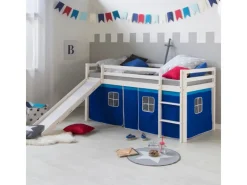 Outlet Homestyle4u Hochbett 90x200 Weiß Vorhang 1544 Blau