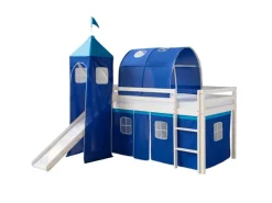 Outlet Homestyle4u Hochbett 90x200 Weiß mit Rutsche Vorhang 1576 Blau