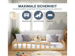 Homestyle4u Kinderbett Natur mit Rausfallschutz 120x200 cm Bodenbett Lattenrost 2839