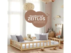 Homestyle4u Kinderbett Natur mit Rausfallschutz 120x200 cm Bodenbett Lattenrost 2839
