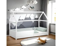 New Homestyle4u Kinderbett Weiß Hausbett mit Rausfallschutz 90x200 cm Bodenbett 2811