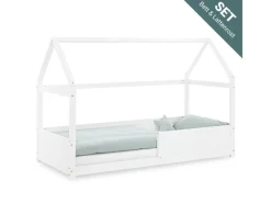 New Homestyle4u Kinderbett Weiß Hausbett mit Rausfallschutz 90x200 cm Bodenbett 2811