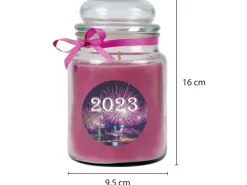 New HS Candle Duftkerze & Glas Neujahr Lila Bonbon 110h