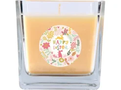 Outlet HS Candle Duftkerze & Glas Ostern Creme Viereck 50h Happy Easter Blumen