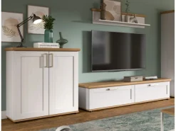 Best Inn.Furn Wohnwand 3-teilig in Weiß Lärche Landhaus 260 cm Mirano