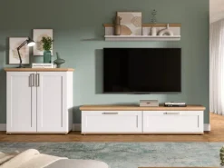 Best Inn.Furn Wohnwand 3-teilig in Weiß Lärche Landhaus 260 cm Mirano