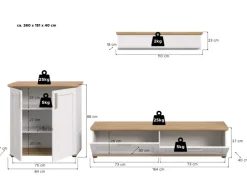 Best Inn.Furn Wohnwand 3-teilig in Weiß Lärche Landhaus 260 cm Mirano