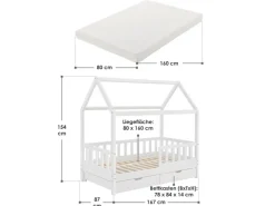 Hot Juskys Kinderbett Marli 80 x 160 cm mit Bettkasten und Matratze Weiß