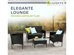 Juskys Polyrattan Gartenmöbel Sitzgruppe Fort Myers Schwarz und Dunkelgraue Bezüge
