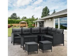 Juskys Polyrattan Gartenmöbel Lounge Manacor Schwarz mit Bezügen in Dunkelgrau