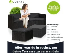 Discount Juskys Polyrattan Lounge Sitzgarnitur Punta Cana M Schwarz mit Bezügen in Dunkelgrau Schwarz-Dunkelgrau