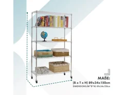 Online Karat Gitterregal Maya mit Rollen und Feststellbremse 5 Böden 89 x 34 x 150 cm Verchromt