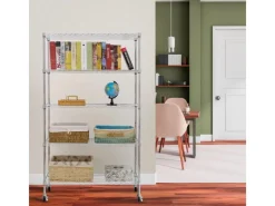 Online Karat Gitterregal Maya mit Rollen und Feststellbremse 5 Böden 89 x 34 x 150 cm Verchromt