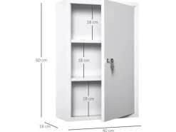 kleankin Medizinschrank mit Schloss 3 Fächer Stahl Weiß 40 x 18 x 60 cm