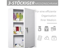 kleankin Medizinschrank mit Schloss 3 Fächer Stahl Weiß 40 x 18 x 60 cm