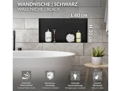 New LuxeBath Wandnische aus Edelstahl 60x30x10 cm Schwarz Duschnische Einbauregal