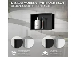 Hot LuxeBath Wandnische aus Edelstahl 20x30x10 cm Schwarz Duschnische mit Rahmen