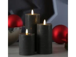 MARELIDA LED Kerzenset LINA Rustik Optik Echtwachs Flackernd 3 Größen Timer Grau 3er Set