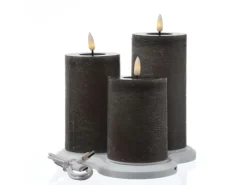 MARELIDA LED Kerzenset LISA Rustik Optik Echtwachskerzen Wiederaufladbar Grau 3er Set