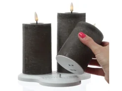 MARELIDA LED Kerzenset LISA Rustik Optik Echtwachskerzen Wiederaufladbar Grau 3er Set