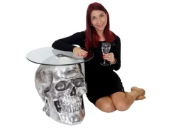 Outlet MCW Beistelltisch Totenkopf A19 Polyresin Glastisch Wohnzimmertisch Silber 52x55x55cm