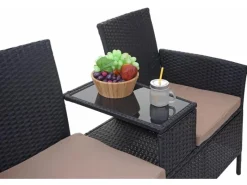MCW Poly-Rattan Sitzbank mit Tisch E24 Kissen Creme