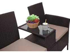 MCW Poly-Rattan Sitzbank mit Tisch E24 Kissen Creme
