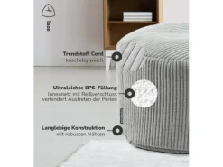 New mokebo Pouf oder Sitzhocker aus Cord Der Faule Lenz Fußhocker in mit EPS-Perlen Füllung Grau