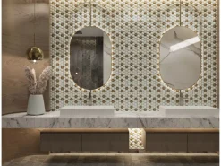 Discount Mosaikmatte Ebru Hexagon Glas Weiß Gold 29 cm x 29 cm Weiß-Gold