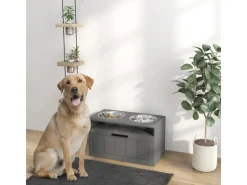 PawHut Futterstation Hundenäpfe MDF Stahl Grau 60L x 30B x 35H cm