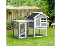 PawHut Kaninchenstall Tannenholz Grau Weiß Schwarz 122 x 62,6 x 92 cm