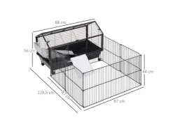 PawHut Kleintierstall mit Klappbarem Auslaufbereich Schwarz 88 x 128,5 x 56 cm