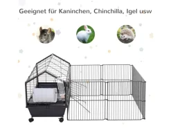 PawHut Kleintierstall mit Klappbarem Auslaufbereich Schwarz 88 x 128,5 x 56 cm