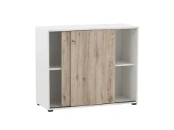 Hot PROREGAL Aktenschrank Pigeon Large HxBxT 83,6 x 100 x 41 cm 2 Fächern & 2 Abschließbare Schiebetüren Weiß & Eiche Eiche-Weiß