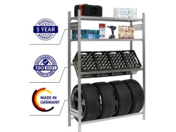 PROREGAL Getränkekisten- & Reifenregal Chiemsee Tire Made in Germany HxBxT 200 x 136 x 43,5 cm 4 Kisten auf 1 Ebene & 4 Reifen & 2 Boards Verzinkt