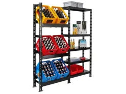 PROREGAL Getränkekistenregal Gaardasee HxBxT 180 x 160 x 30 cm 6 Kisten & 5 Boards Schwarz Freistehend Kistenständer Getränkeregal