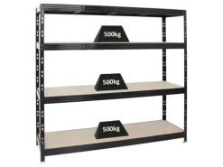 Clearance PROREGAL Profi Schwerlastregal Rhino HxBxT 180 x 200 x 60 cm 4 Spanplatten-Ebenen 8mm Fachlast 500 kg Schwarz