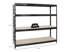 Clearance PROREGAL Profi Schwerlastregal Rhino HxBxT 180 x 200 x 60 cm 4 Spanplatten-Ebenen 8mm Fachlast 500 kg Schwarz