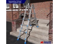 PROREGAL Sprossen-Mehrzweckleiter APOLLO 3-In-1 Aluminiumleiter 4x4 Sprossen Bis Zu 4 M Höhe 150 kg Traglast Silber Klappleiter Stehleiter