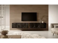 New Selsey TV-Hängeboard Bisira 200 cm Schwarze Marmoroptik mit Goldenem Einsatz Black