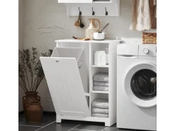 SoBuy Badschrank mit ausklappbarem Wäschesack Holz Weiß BZR105-W