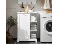 SoBuy Badschrank mit ausklappbarem Wäschesack Holz Weiß BZR105-W