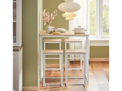 Outlet SoBuy Bartisch Set 5-teilig Essgruppe Esstisch mit 4 Hockern Weiß-Natur OGT15-WN